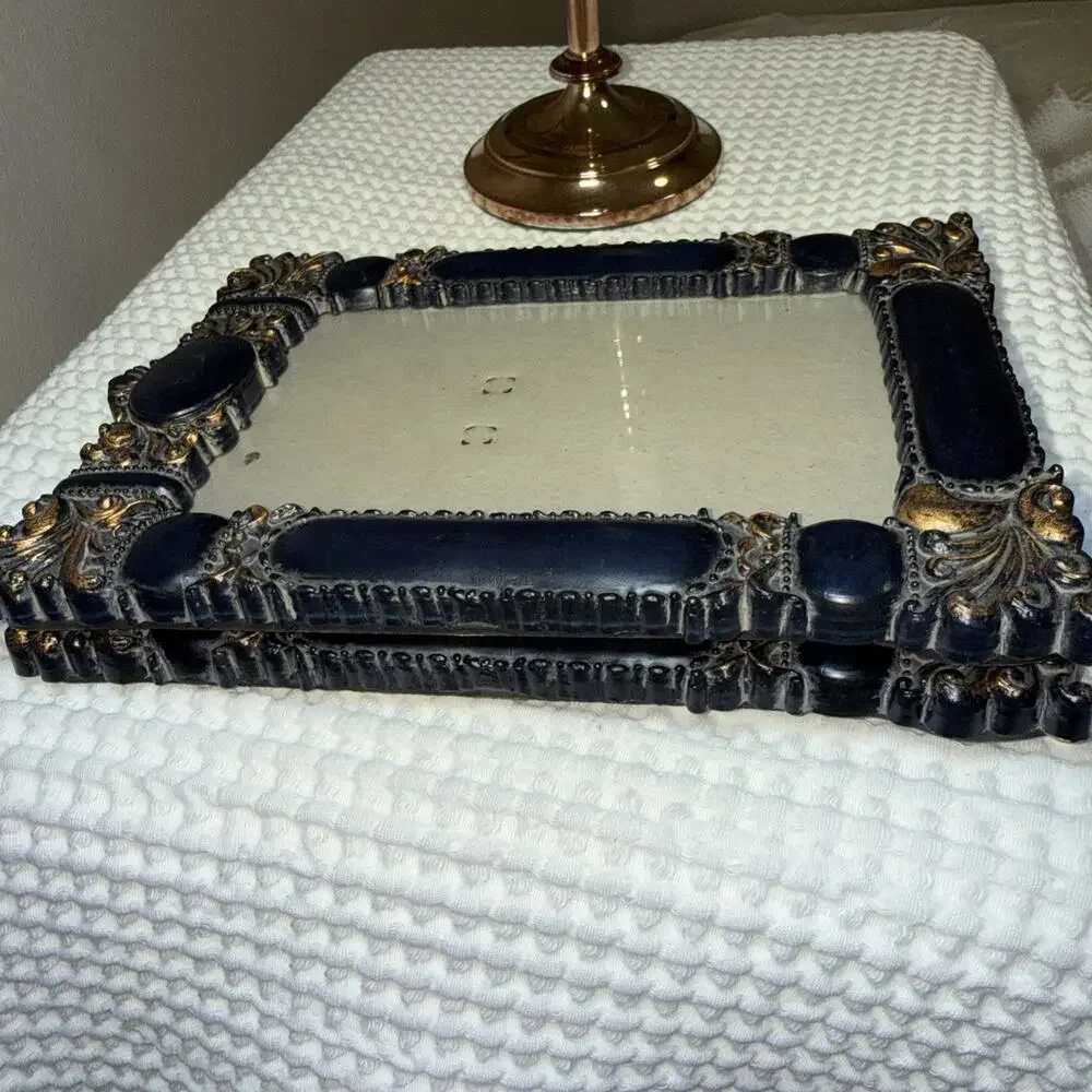 Vintage Hollywood Regency Navy Blue Gold 5x7 Picture Frames Set of 2 Ornate